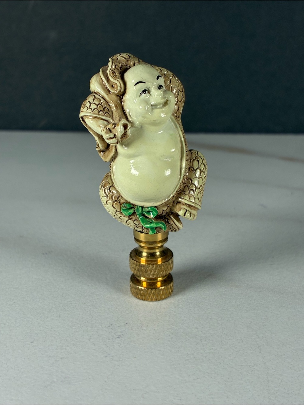 Vintage Cream and Green Laughing Buddha Lamp Finial with Solid Brass Base